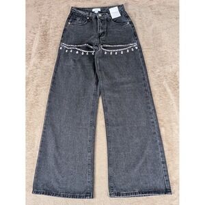Forever 21 Premium 24 Women's Washed Black Jeans Rhinestone‎ Slits NWT (26 x 31)